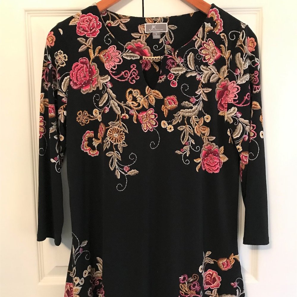JM COLLECTION Roses Gems Floral Embellished Tunic Swing Top BLACK 3/4 Sleeve S